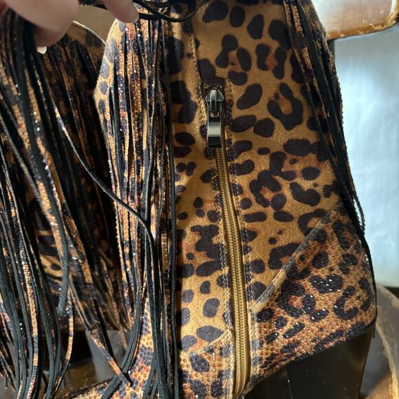 Oupiano Animal Print Rhinestone Fringe Pointy Toe Boots Size 9 New - Picture 2 of 7